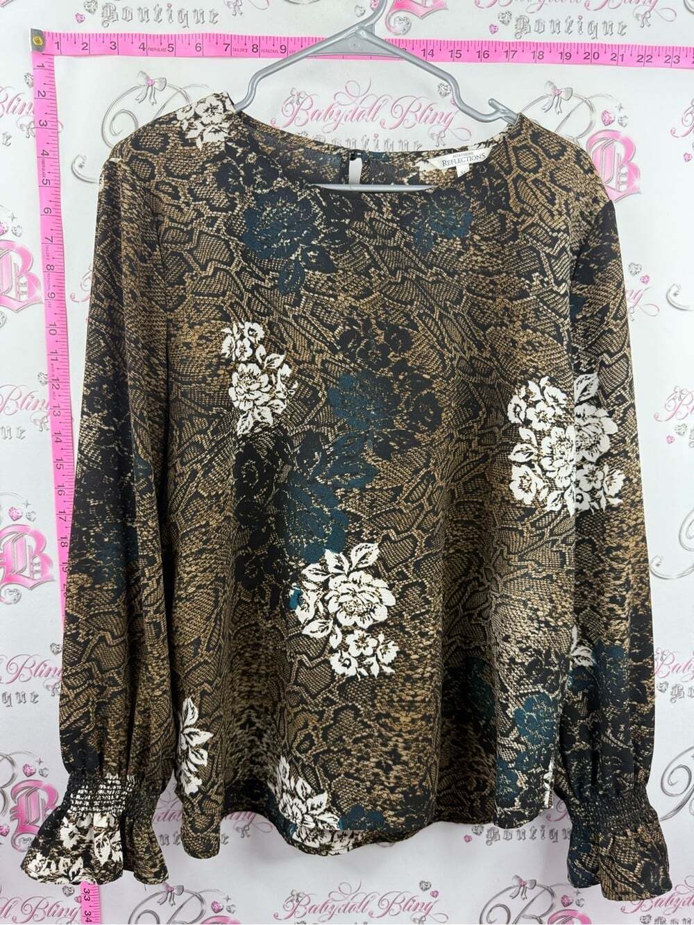 Northern Reflections blouse ruffle Black and Brown Floral Snake-Print Blouse